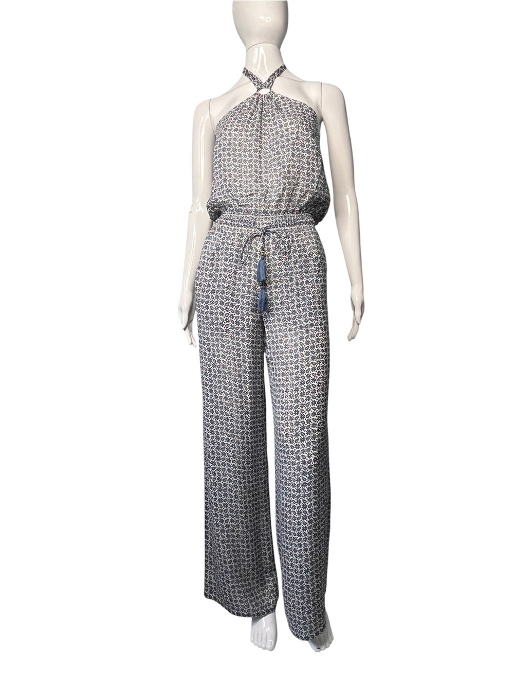 Tory Burch Silk Ditsy Floral Wide Leg Halter D-Ring Tassel Jumpsuit XS
